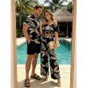 Hawaiian Vacation Couple Outfit Tropical Leaf Print Flounce Off the Shoulder Smocked Top Wide Leg Pants and Shirt Set - Noir S | US 4