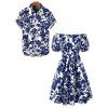 Vacation Couple Outfit Floral Leaf Silhouette Print Off the Shoulder Puff Sleeve Dress and Shirt Set - Bleu S | US 4