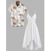 Vacation Couple Outfit Solid Color Lace Trim Crochet Scalloped Tied Spaghetti Strap Dress and Tropical Leaf Print Shirt Set - Blanc S | US 4