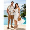 Vacation Couple Outfit Solid Color Lace Trim Crochet Scalloped Tied Spaghetti Strap Dress and Tropical Leaf Print Shirt Set - Blanc S | US 4