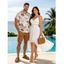 Vacation Couple Outfit Solid Color Lace Trim Crochet Scalloped Tied Spaghetti Strap Dress and Tropical Leaf Print Shirt Set - Blanc S | US 4