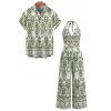 Bohemian Vacation Couple Outfit Geometric Printed Plunging Neck O-ring Belt Wide Leg Jumpsuit and Shirt Set - Olive Verte S | US 4