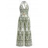 Bohemian Vacation Couple Outfit Geometric Printed Plunging Neck O-ring Belt Wide Leg Jumpsuit and Shirt Set - Olive Verte S | US 4