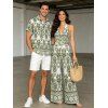 Bohemian Vacation Couple Outfit Geometric Printed Plunging Neck O-ring Belt Wide Leg Jumpsuit and Shirt Set - Olive Verte S | US 4