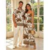 Hawaiian Vacation Couple Outfit Coconut Tree Geometric Print Pocket Off the Shoulder Jumpsuit and Shirt Set - café S | US 4