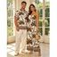 Hawaiian Vacation Couple Outfit Coconut Tree Geometric Print Pocket Off the Shoulder Jumpsuit and Shirt Set - café S | US 4