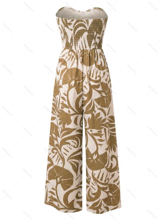 Vacation Jumpsuit Botanical Leaf Silhouette Print Bowknot Off the Shoulder Wide Leg Jumpsuit - Jaune clair S | US 4