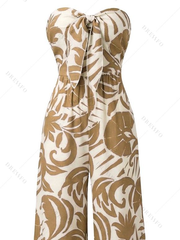 Vacation Jumpsuit Botanical Leaf Silhouette Print Bowknot Off the Shoulder Wide Leg Jumpsuit - Jaune clair S | US 4