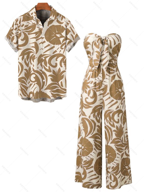 Vacation Couple Outfit Botanical Leaf Print Bowknot Off the Shoulder Jumpsuit and Shirt Set - Jaune clair S | US 4