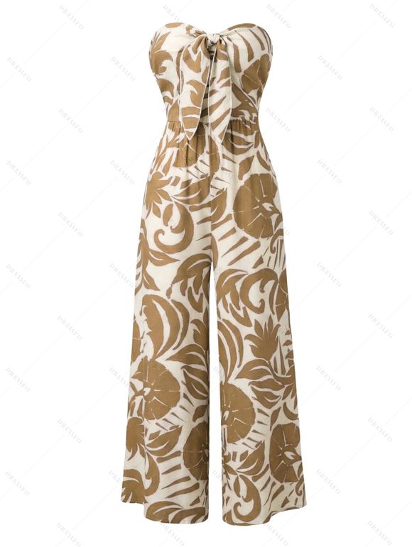 Vacation Couple Outfit Botanical Leaf Print Bowknot Off the Shoulder Jumpsuit and Shirt Set - Jaune clair S | US 4