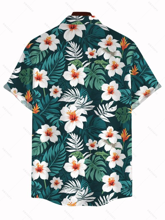 Men's Vacation Hawaiian Shirt Tropical Leaf Hibiscus Floral Print Button Up Shirt - Vert profond S