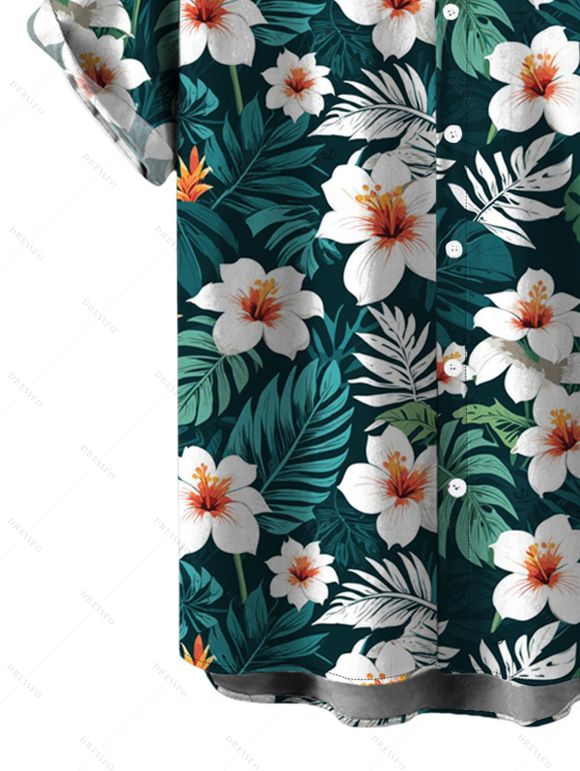 Men's Vacation Hawaiian Shirt Tropical Leaf Hibiscus Floral Print Button Up Shirt - Vert profond S