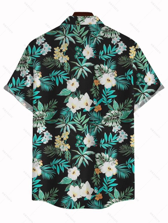 Men's Hawaiian Vacation Shirt Hibiscus Flower Tropical Leaf Print Button Up Shirt - Noir S