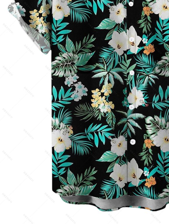 Men's Hawaiian Vacation Shirt Hibiscus Flower Tropical Leaf Print Button Up Shirt - Noir S