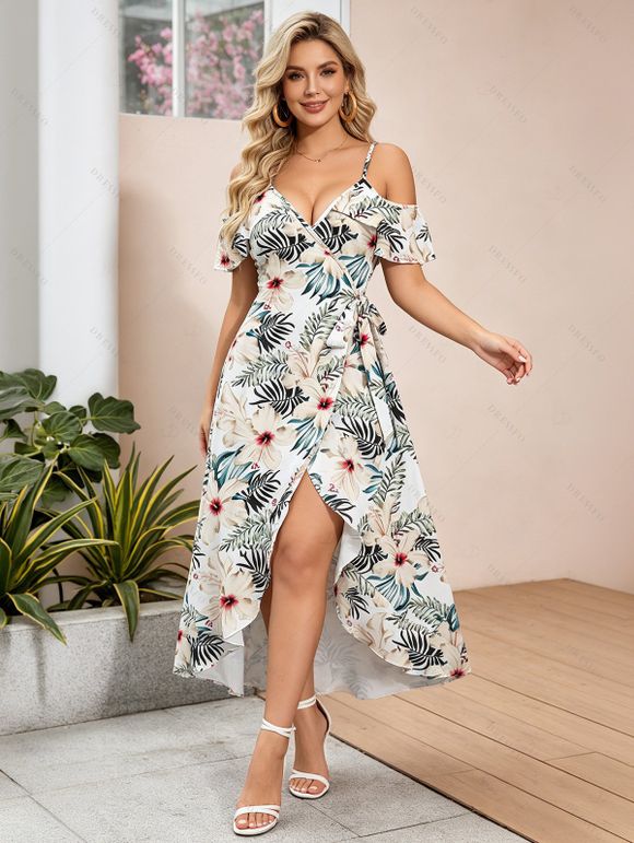 Vacation Dress Tropical Hibiscus Floral Leaf Print Cold Shoulder Self-belt High Low Hawaiian Dress - Blanc XXL | US 14