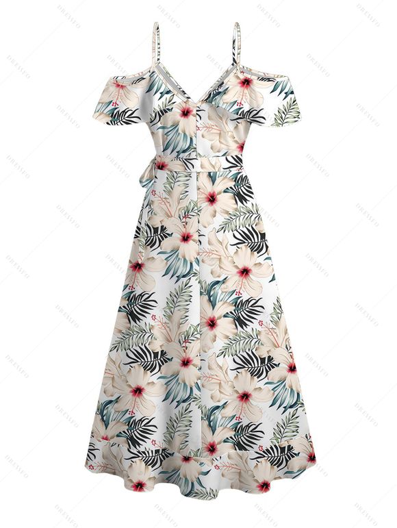 Vacation Dress Tropical Hibiscus Floral Leaf Print Cold Shoulder Self-belt High Low Hawaiian Dress - Blanc XXL | US 14
