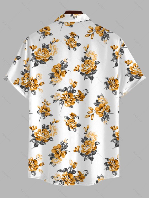 Men's Vacation Shirt Yellow Rose Floral Print Button Up Shirt - Blanc S