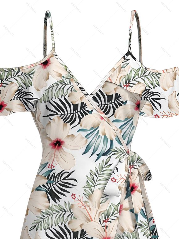 Vacation Dress Tropical Hibiscus Floral Leaf Print Cold Shoulder Self-belt High Low Hawaiian Dress - Blanc XXL | US 14