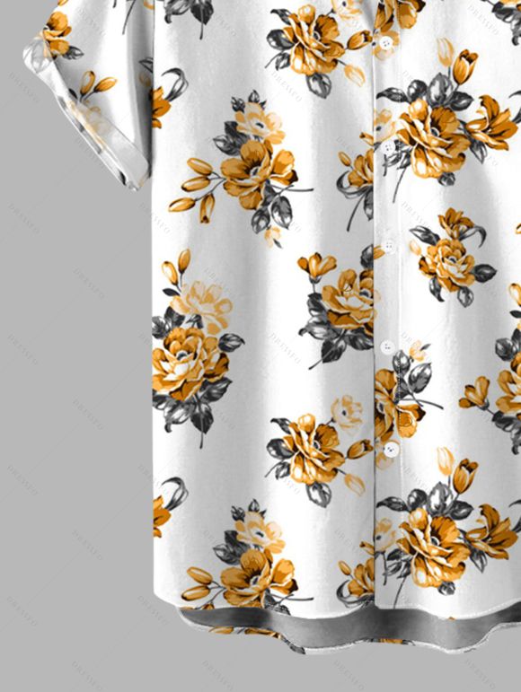 Men's Vacation Shirt Yellow Rose Floral Print Button Up Shirt - Blanc S