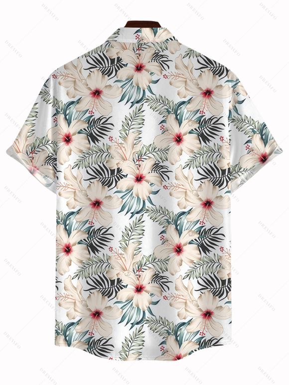 Men's Vacation Shirt Tropical Hibiscus Floral Leaf Print Button Up Hawaiian Shirt - Blanc M