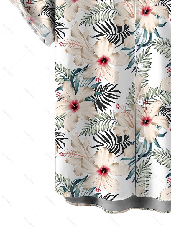 Men's Vacation Shirt Tropical Hibiscus Floral Leaf Print Button Up Hawaiian Shirt - Blanc M