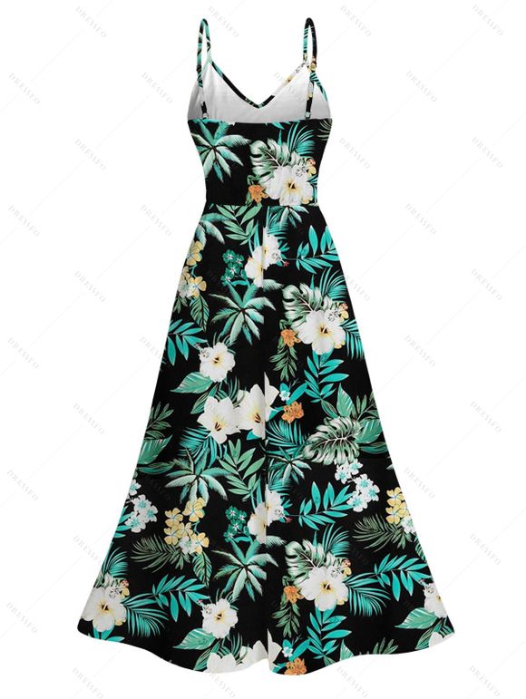 Hawaiian Vacation Dress Hibiscus Flower Tropical Leaf Print Lace Hollow Out Slit Dress - Noir XXXXXL | US 20