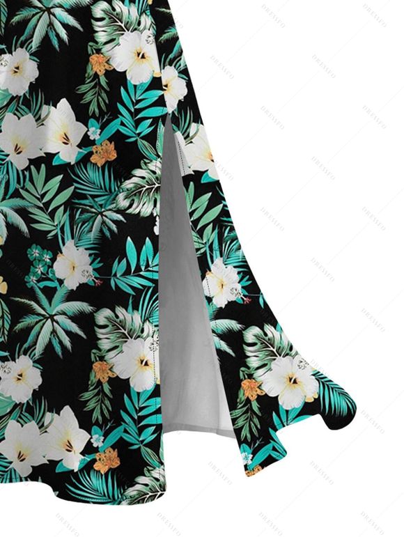 Hawaiian Vacation Dress Hibiscus Flower Tropical Leaf Print Lace Hollow Out Slit Dress - Noir XXXXXL | US 20