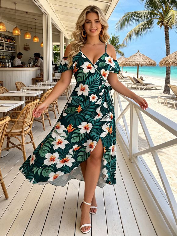 Vacation Hawaiian Dress Tropical Leaf Hibiscus Floral Print Cold Shoulder Self-belt High Low Wrap Dress - Vert profond L | US 8-10