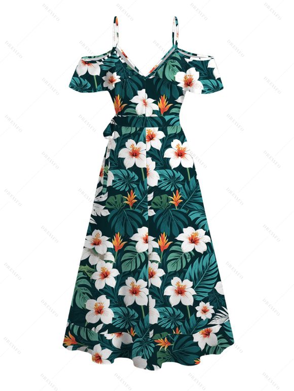 Vacation Hawaiian Dress Tropical Leaf Hibiscus Floral Print Cold Shoulder Self-belt High Low Wrap Dress - Vert profond L | US 8-10