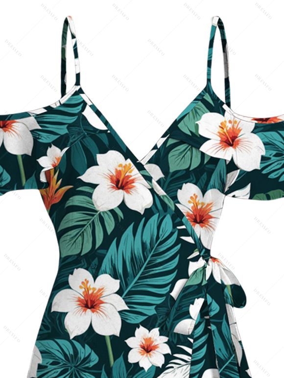 Vacation Hawaiian Dress Tropical Leaf Hibiscus Floral Print Cold Shoulder Self-belt High Low Wrap Dress - Vert profond L | US 8-10