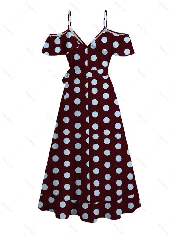Vintage Dress Polka Dots Print Cold Shoulder Self-belt High Low Wrap Dress - Rouge foncé M | US 6