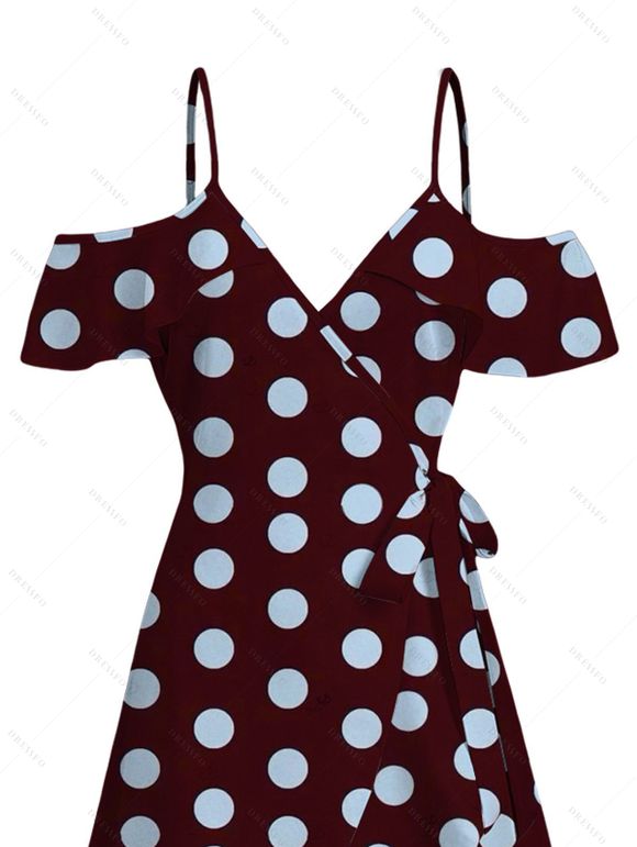 Vintage Dress Polka Dots Print Cold Shoulder Self-belt High Low Wrap Dress - Rouge foncé M | US 6