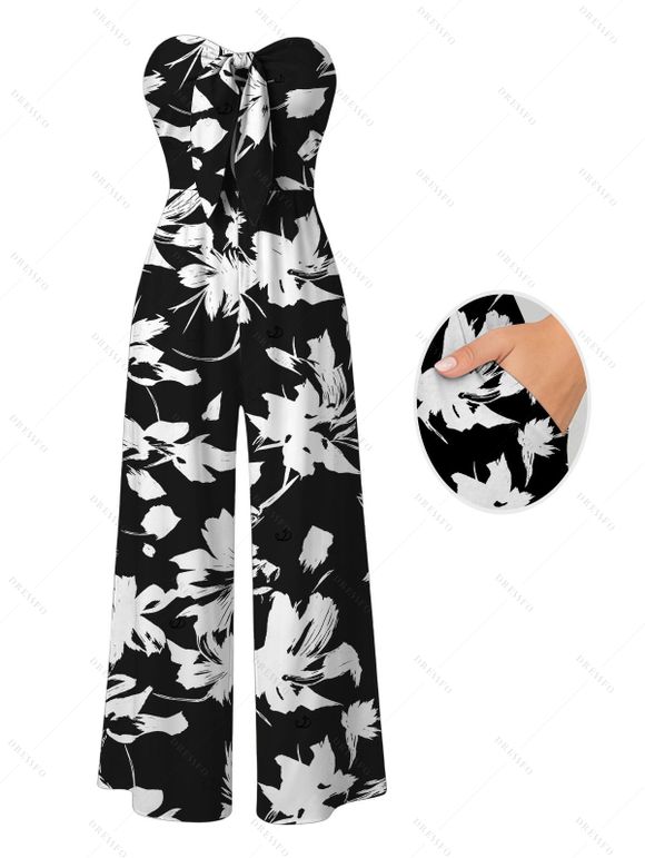 Vacation Jumpsuit Abstract Floral Silhouette Print Tied Pocket Off the Shoulder Jumpsuit - Noir XXL | US 14