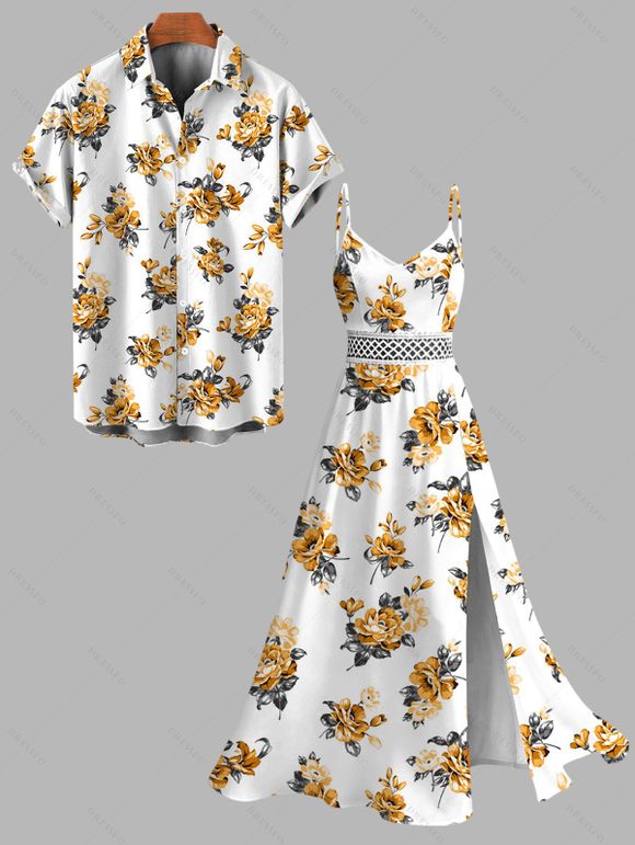 Vacation Couple Outfit Yellow Rose Floral Print Button Up Shirt Lace Hollow Out Slit Dress and Shirt Set - Blanc S | US 4