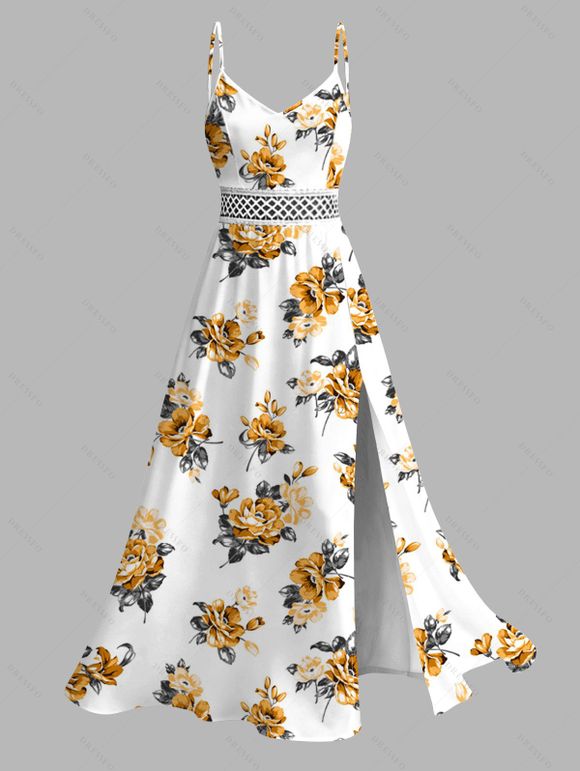 Vacation Couple Outfit Yellow Rose Floral Print Button Up Shirt Lace Hollow Out Slit Dress and Shirt Set - Blanc S | US 4