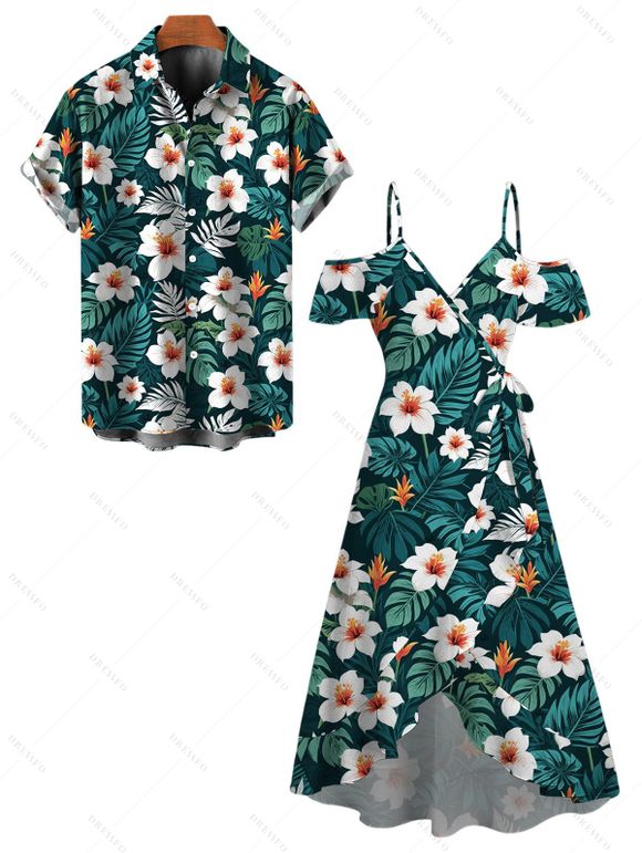 Vacation Hawaiian Couple Outfit Tropical Leaf Hibiscus Floral Print Cold Shoulder Self-belt High Low Wrap Dress and Shirt Set - Vert profond S | US 4