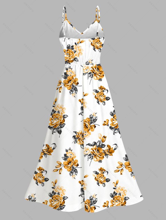 Vacation Couple Outfit Yellow Rose Floral Print Button Up Shirt Lace Hollow Out Slit Dress and Shirt Set - Blanc S | US 4