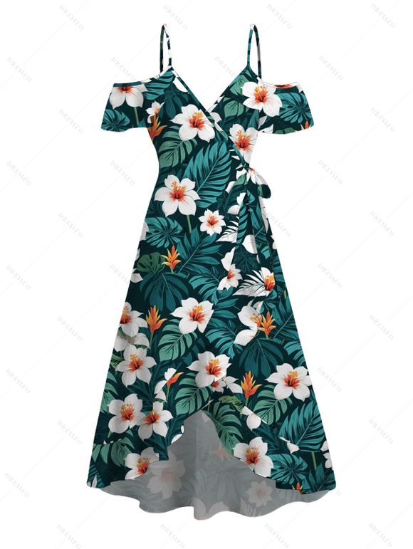 Vacation Hawaiian Couple Outfit Tropical Leaf Hibiscus Floral Print Cold Shoulder Self-belt High Low Wrap Dress and Shirt Set - Vert profond S | US 4