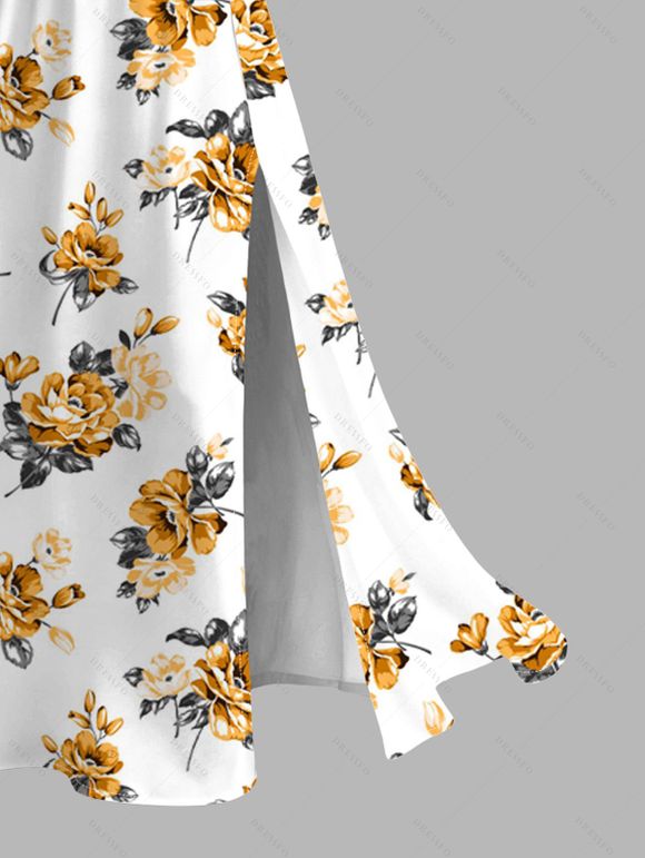 Vacation Couple Outfit Yellow Rose Floral Print Button Up Shirt Lace Hollow Out Slit Dress and Shirt Set - Blanc S | US 4