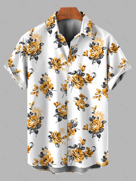 Vacation Couple Outfit Yellow Rose Floral Print Button Up Shirt Lace Hollow Out Slit Dress and Shirt Set - Blanc S | US 4