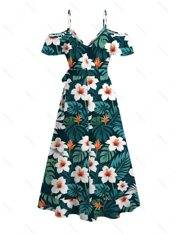 Vacation Hawaiian Couple Outfit Tropical Leaf Hibiscus Floral Print Cold Shoulder Self-belt High Low Wrap Dress and Shirt Set - Vert profond S | US 4