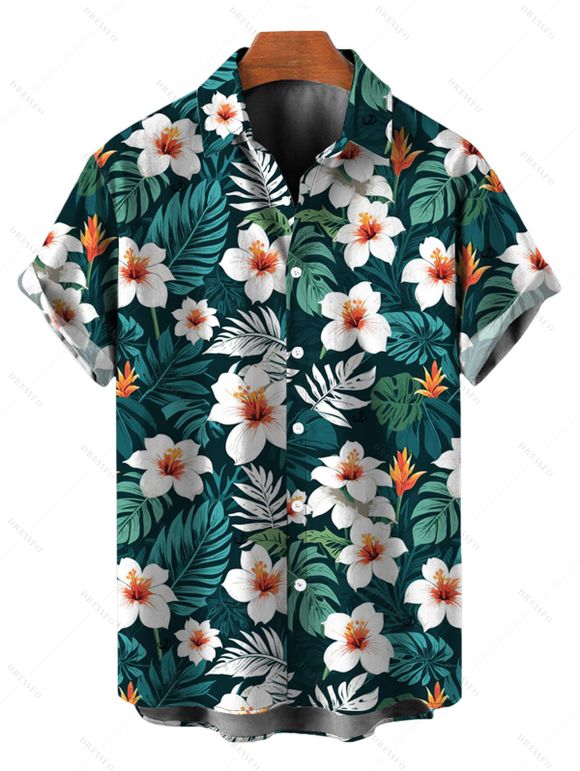 Vacation Hawaiian Couple Outfit Tropical Leaf Hibiscus Floral Print Cold Shoulder Self-belt High Low Wrap Dress and Shirt Set - Vert profond S | US 4