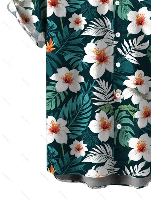 Vacation Hawaiian Couple Outfit Tropical Leaf Hibiscus Floral Print Cold Shoulder Self-belt High Low Wrap Dress and Shirt Set - Vert profond S | US 4