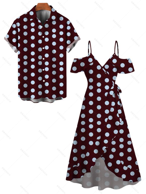 Vintage Vacation Couple Outfit Polka Dots Print Cold Shoulder Self-belt High Low Wrap Dress and Shirt Set - Rouge foncé S | US 4