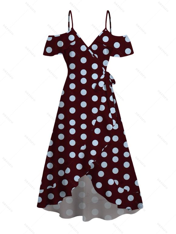 Vintage Vacation Couple Outfit Polka Dots Print Cold Shoulder Self-belt High Low Wrap Dress and Shirt Set - Rouge foncé S | US 4
