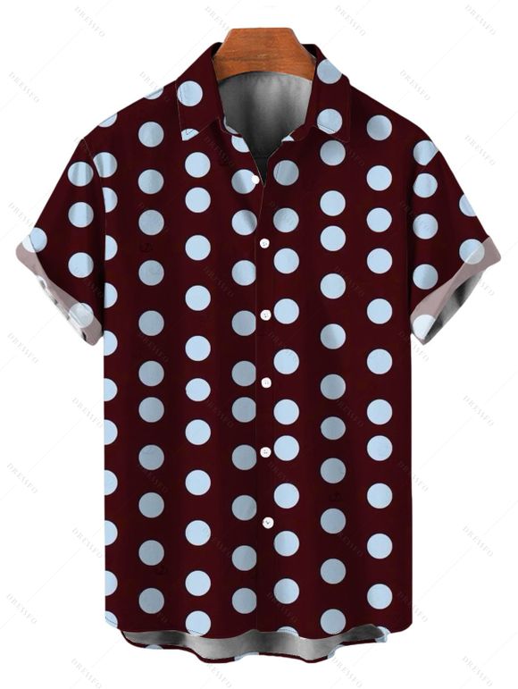 Vintage Vacation Couple Outfit Polka Dots Print Cold Shoulder Self-belt High Low Wrap Dress and Shirt Set - Rouge foncé S | US 4