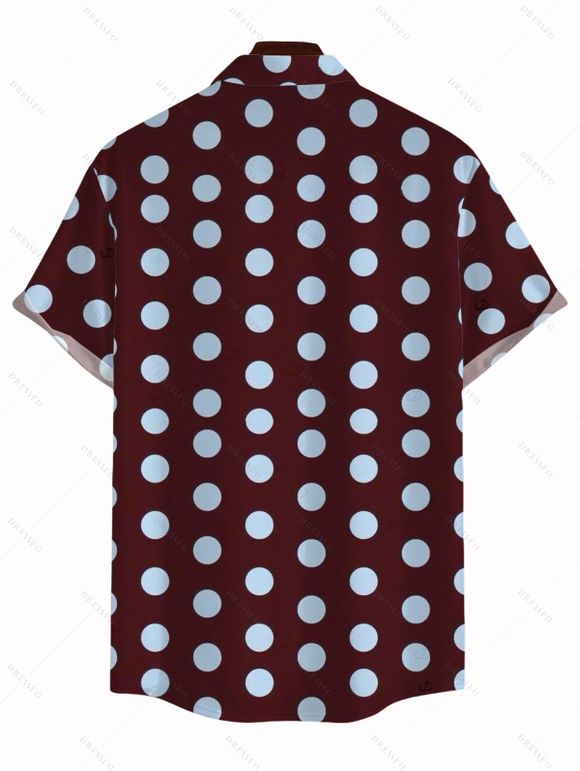 Vintage Vacation Couple Outfit Polka Dots Print Cold Shoulder Self-belt High Low Wrap Dress and Shirt Set - Rouge foncé S | US 4