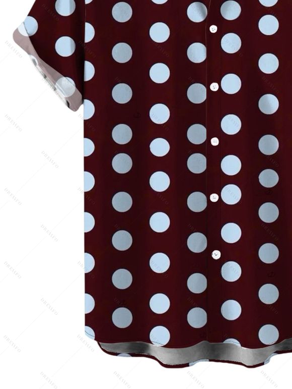 Vintage Vacation Couple Outfit Polka Dots Print Cold Shoulder Self-belt High Low Wrap Dress and Shirt Set - Rouge foncé S | US 4