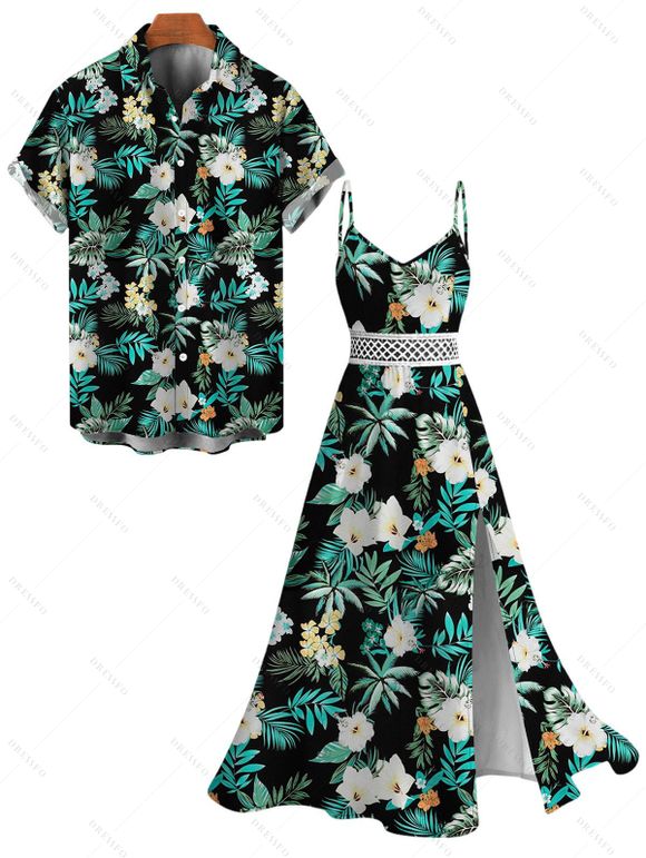Hawaiian Vacation Couple Outfit Hibiscus Flower Tropical Leaf Print Lace Hollow Out Slit Dress and Shirt Set - Vert profond S | US 4