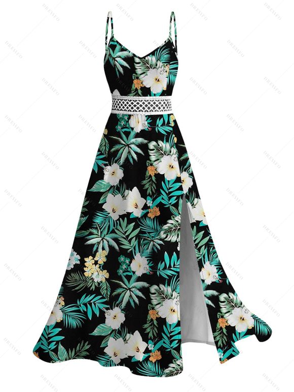 Hawaiian Vacation Couple Outfit Hibiscus Flower Tropical Leaf Print Lace Hollow Out Slit Dress and Shirt Set - Vert profond S | US 4